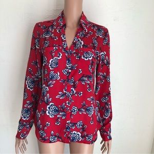 Express The Portofino Floral Blouse Women’s Size S Slim-Fit Red/Blue V-Neck Top